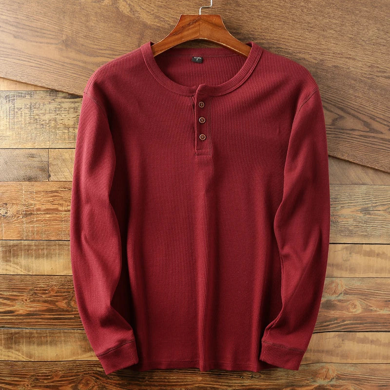 Men's Henley Shirt Long Sleeve Waffle Knit - Casual Wear