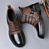 Men's Ankle Boots Two-Tone Leather Buckle Strap - Casual Fashion