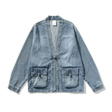 Men's Denim Jacket Kimono Style Utility Pockets - Casual Wear