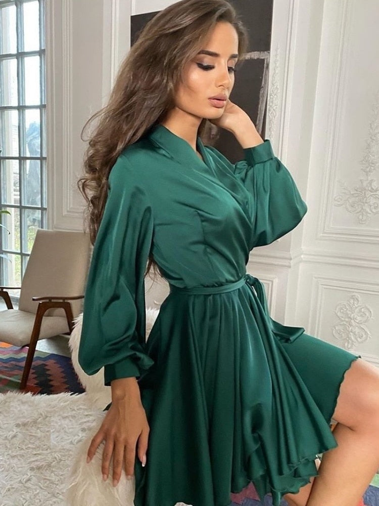 Women's Skater Dress Long Sleeve Tie Waist - Party Wear