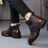 Men's Ankle Boots Two-Tone Leather Buckle Strap - Casual Fashion