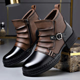 Men's Ankle Boots Two-Tone Leather Buckle Strap - Casual Fashion