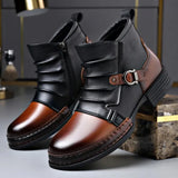 Men's Ankle Boots Two-Tone Leather Buckle Strap - Casual Fashion