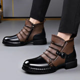 Men's Ankle Boots Two-Tone Leather Buckle Strap - Casual Fashion