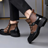 Men's Ankle Boots Two-Tone Leather Buckle Strap - Casual Fashion