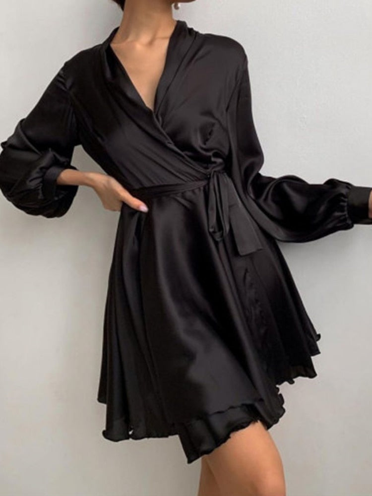 Women's Skater Dress Long Sleeve Tie Waist - Party Wear