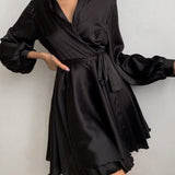 Women's Skater Dress Long Sleeve Tie Waist - Party Wear