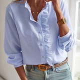 Women's Button-Up Blouse Ruffle Trim Textured Stripe - Casual Wear