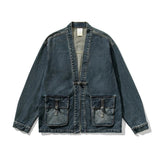 Men's Denim Jacket Kimono Style Utility Pockets - Casual Wear