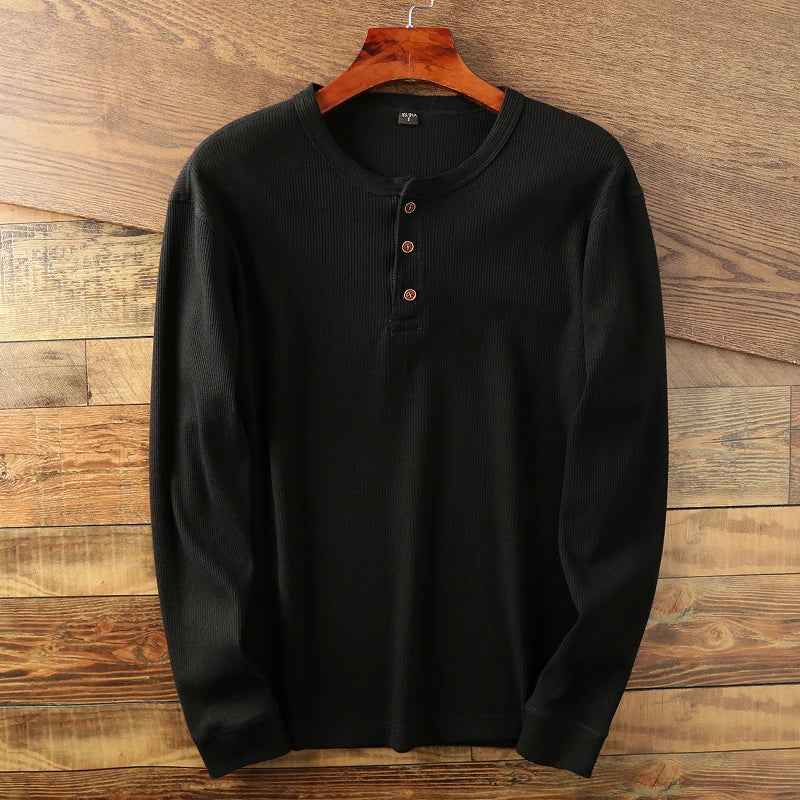 Men's Henley Shirt Long Sleeve Waffle Knit - Casual Wear