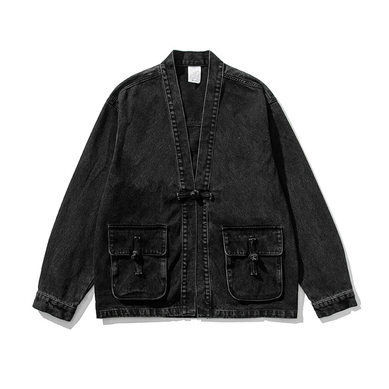 Men's Denim Jacket Kimono Style Utility Pockets - Casual Wear