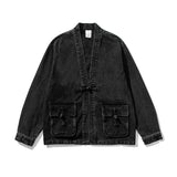 Men's Denim Jacket Kimono Style Utility Pockets - Casual Wear