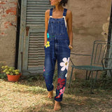 Women's Denim Overalls Floral Print Relaxed Fit - Casual Summer Wear