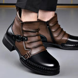 Men's Ankle Boots Two-Tone Leather Buckle Strap - Casual Fashion