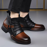 Men's Ankle Boots Two-Tone Leather Buckle Strap - Casual Fashion