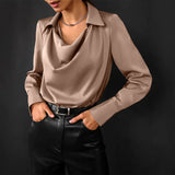 Women's Cowl Neck Blouse Glossy Wide Cuff - Formal Evening Wear