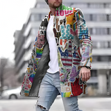 Men's Graffiti Print Stand Collar Overcoat - Streetwear Casual