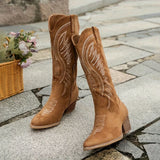 Women's Cowboy Boots Block-Heel Embroidered-Stitch - Casual Wear