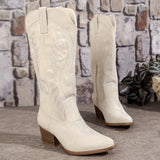 Women's Cowboy Boots Block-Heel Embroidered-Stitch - Casual Wear