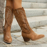 Women's Cowboy Boots Block-Heel Embroidered-Stitch - Casual Wear