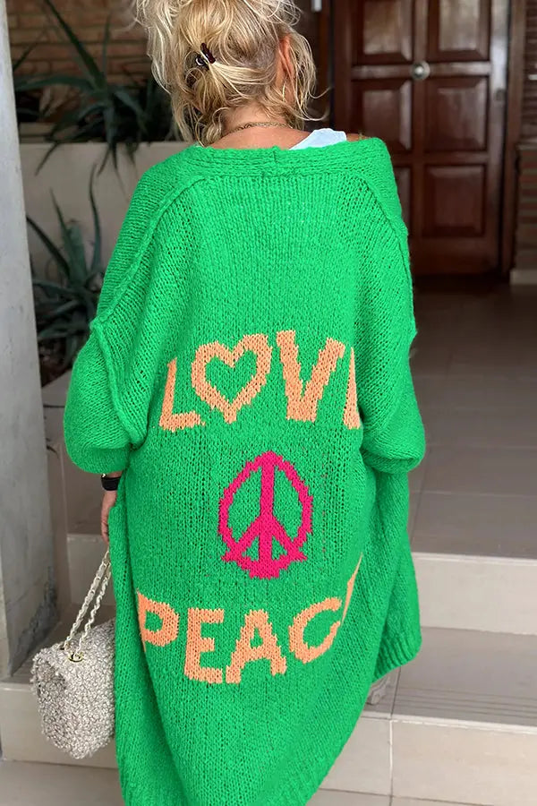 Women's Knit Oversized Love Peace Cardigan - Casual Wear