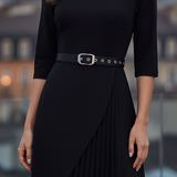 Women's Pleated Wrap Dress Belted 3/4 Sleeve - Sophisticated Office Wear