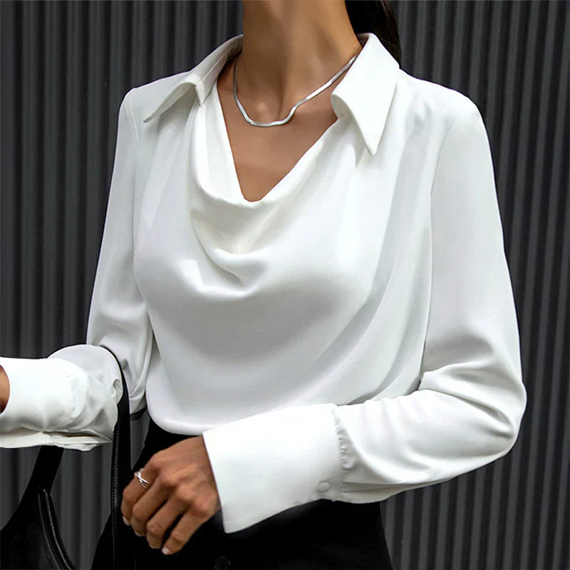 Women's Cowl Neck Blouse Glossy Wide Cuff - Formal Evening Wear