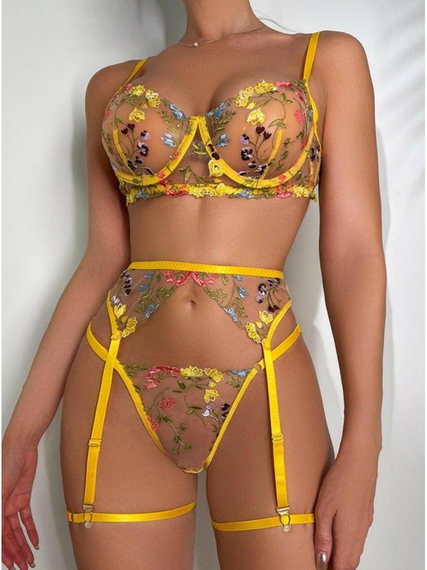 Women's Lingerie Set Embroidered Sheer 3 Piece - Date Night