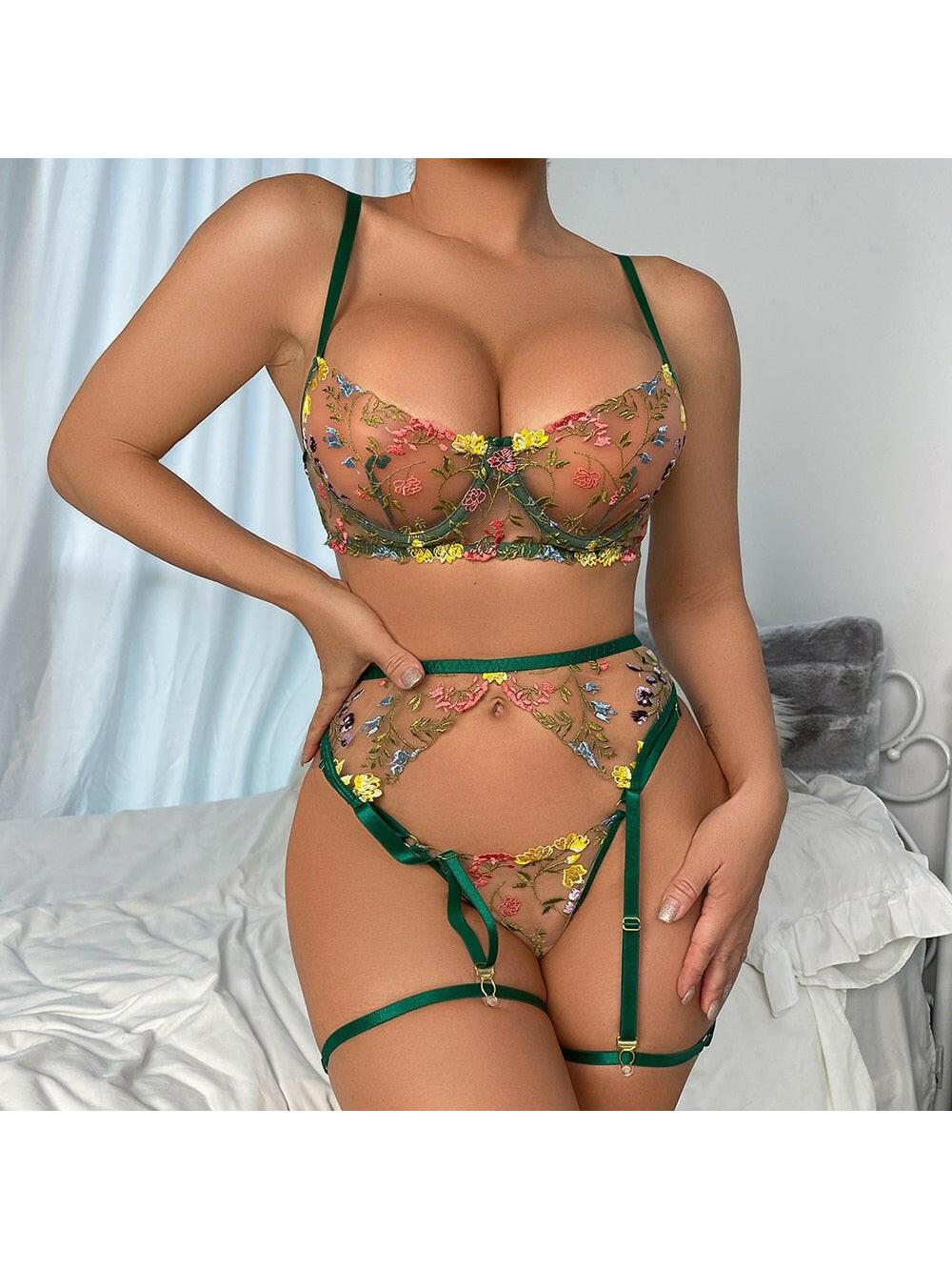 Women's Lingerie Set Embroidered Sheer 3 Piece - Date Night
