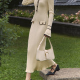 Women's Midi Dress Long Sleeve Button Front - Casual Wear