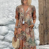 Women's V-Neck Printed Midi Dress Short Sleeve Pocket - Casual Wear