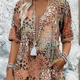 Women's V-Neck Printed Midi Dress Short Sleeve Pocket - Casual Wear