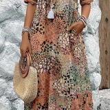 Women's V-Neck Printed Midi Dress Short Sleeve Pocket - Casual Wear