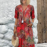 Women's V-Neck Printed Midi Dress Short Sleeve Pocket - Casual Wear