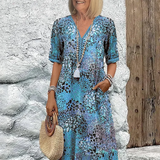 Women's V-Neck Printed Midi Dress Short Sleeve Pocket - Casual Wear