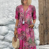 Women's V-Neck Printed Midi Dress Short Sleeve Pocket - Casual Wear
