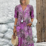 Women's V-Neck Printed Midi Dress Short Sleeve Pocket - Casual Wear