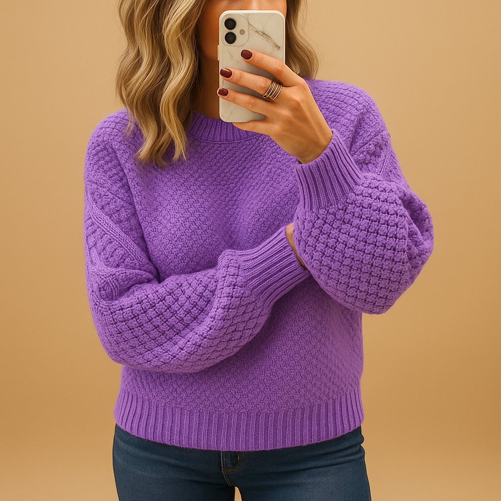 Womens Crewneck Sweater Textured Knit Balloon Sleeve - Casual Wear