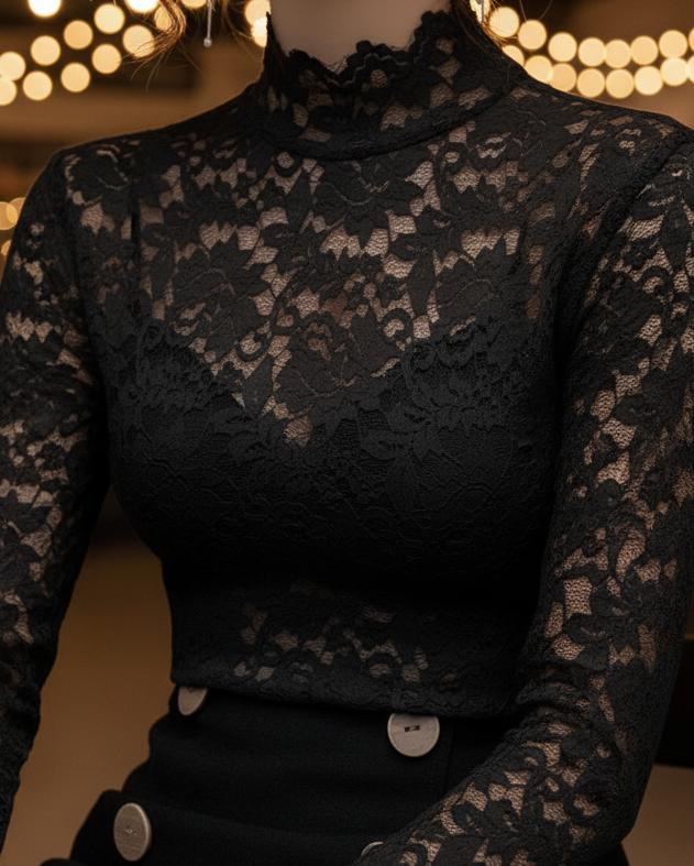 Women's Lace Blouse Long Sleeve High Neck - Evening Wear