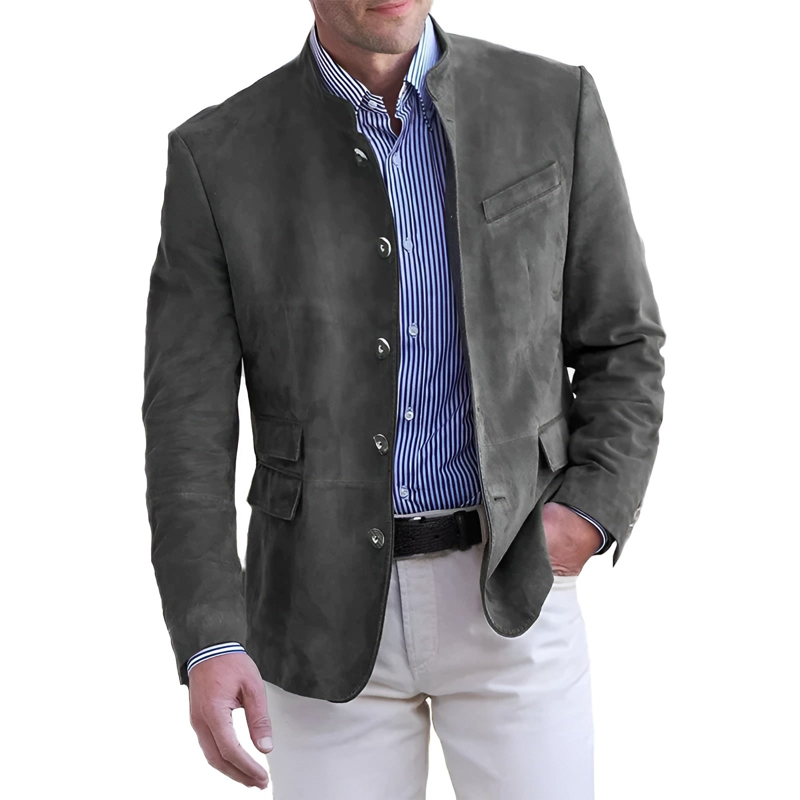 Men's Suede Stand Collar Jacket - Casual Outwear