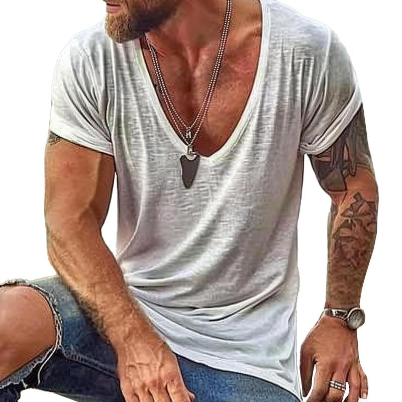 Men's Deep V-Neck T-Shirt Slub Texture Short Sleeve - Casual Wear