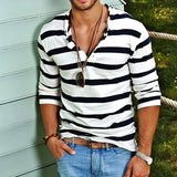 Men's Long Sleeve T-Shirt Striped Henley Neck - Casual Wear