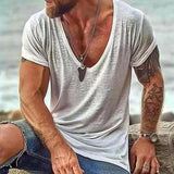 Men's Deep V-Neck T-Shirt Slub Texture Short Sleeve - Casual Wear