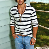Men's Long Sleeve T-Shirt Striped Henley Neck - Casual Wear