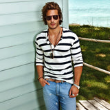 Men's Long Sleeve T-Shirt Striped Henley Neck - Casual Wear