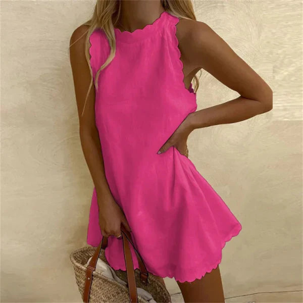 Women's Mini Dress Scalloped Trim Sleeveless - Casual Wear