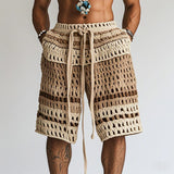 Men's Crochet Shorts Drawstring Striped - Beach Wear