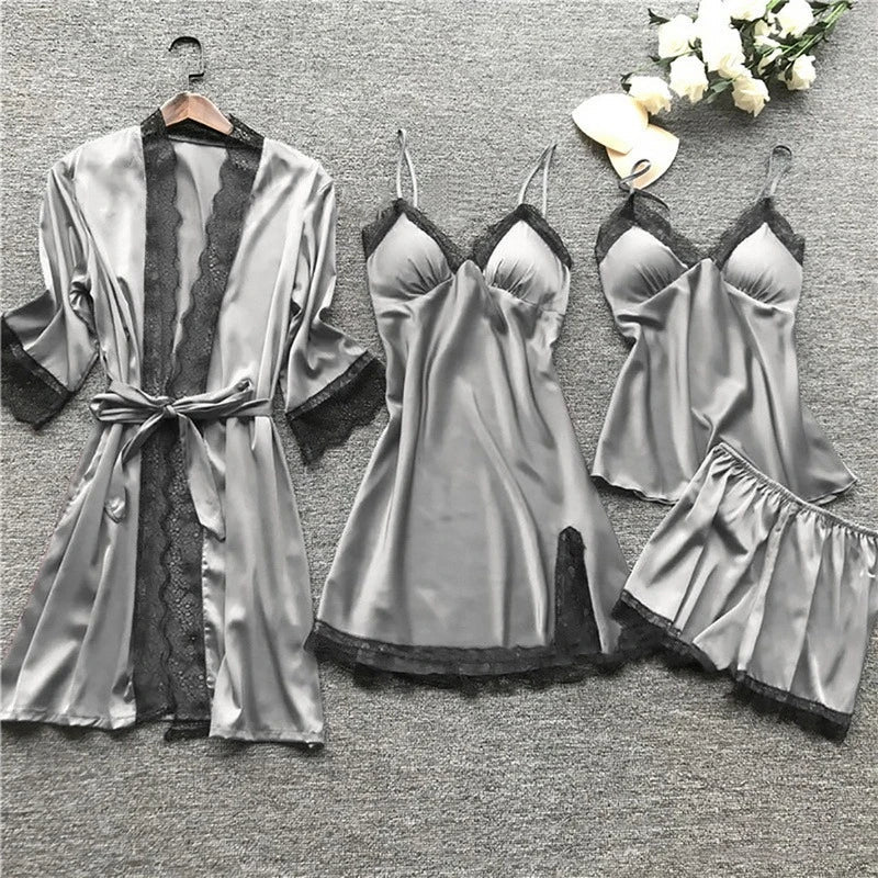 Women's Sleepwear Set Five-Piece Floral Trim - Loungewear