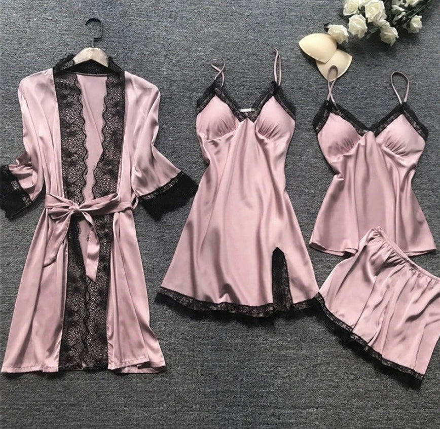Women's Sleepwear Set Five-Piece Floral Trim - Loungewear