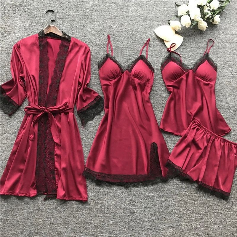 Women's Sleepwear Set Five-Piece Floral Trim - Loungewear